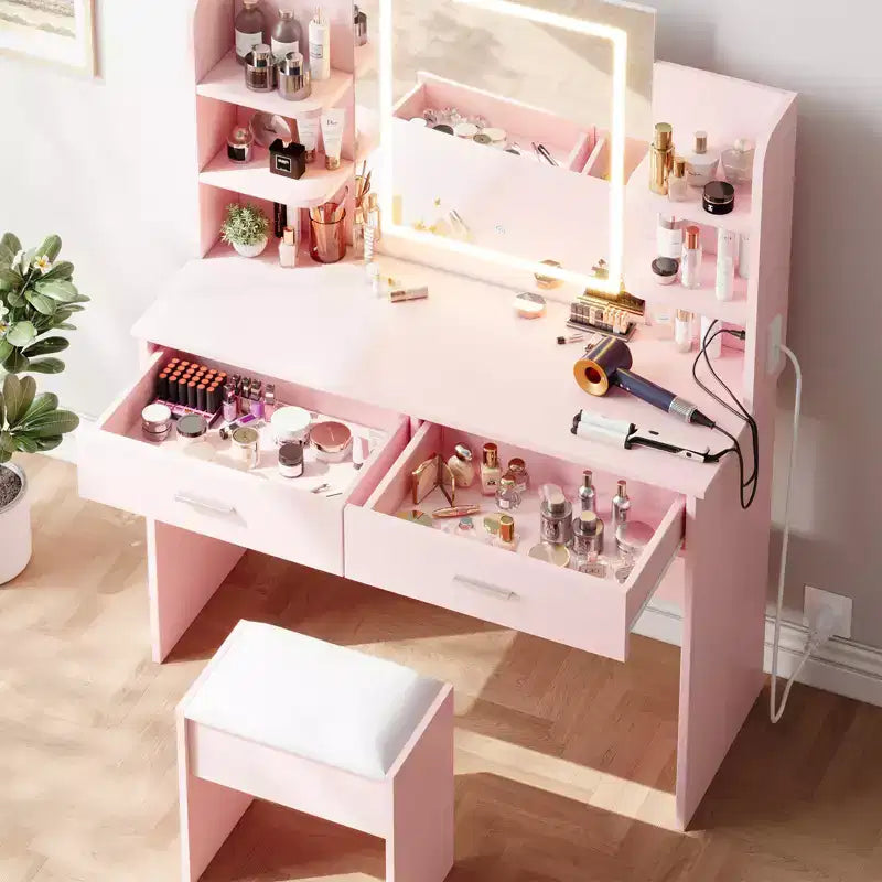 Toeletta da trucco con specchio, set tavolo e sedia da trucco con 2 cassetti portaoggetti, 4 ripiani, 3 modalità di illuminazione, per soggiorno, casa