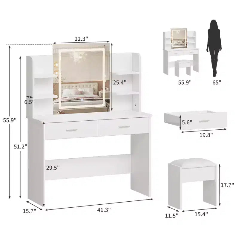 Toeletta da trucco con specchio, set tavolo e sedia da trucco con 2 cassetti portaoggetti, 4 ripiani, 3 modalità di illuminazione, per soggiorno, casa