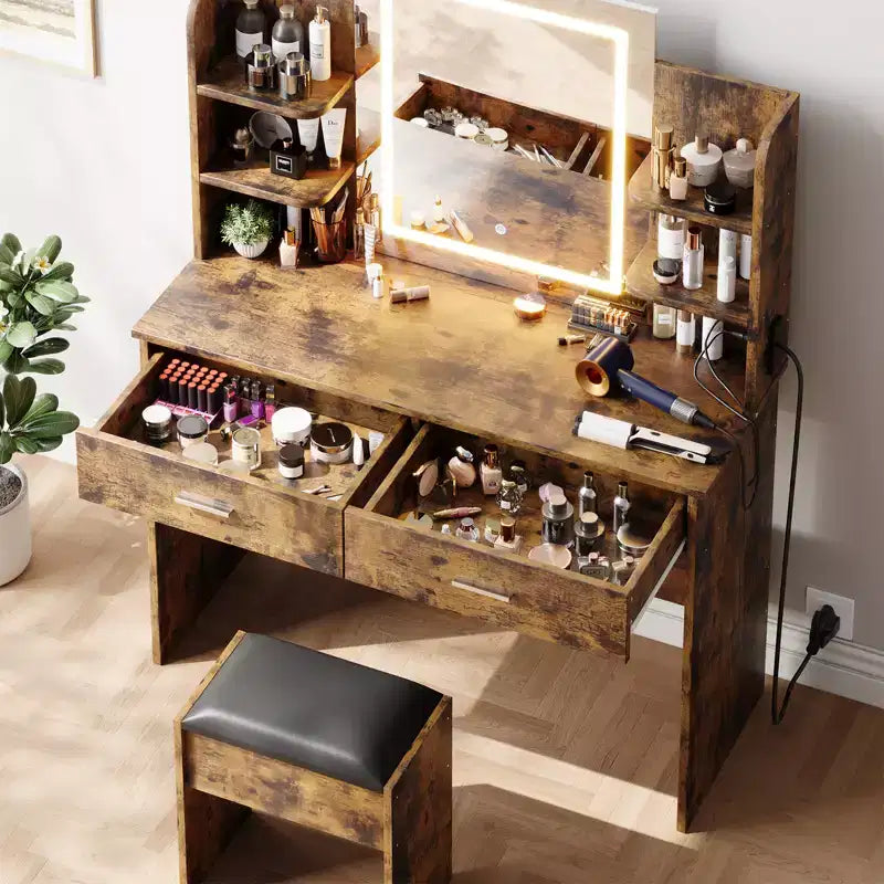 Toeletta da trucco con specchio, set tavolo e sedia da trucco con 2 cassetti portaoggetti, 4 ripiani, 3 modalità di illuminazione, per soggiorno, casa