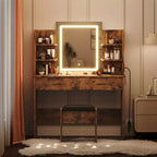 Toeletta da trucco con specchio, set tavolo e sedia da trucco con 2 cassetti portaoggetti, 4 ripiani, 3 modalità di illuminazione, per soggiorno, casa