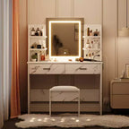 Toeletta da trucco con specchio, set tavolo e sedia da trucco con 2 cassetti portaoggetti, 4 ripiani, 3 modalità di illuminazione, per soggiorno, casa