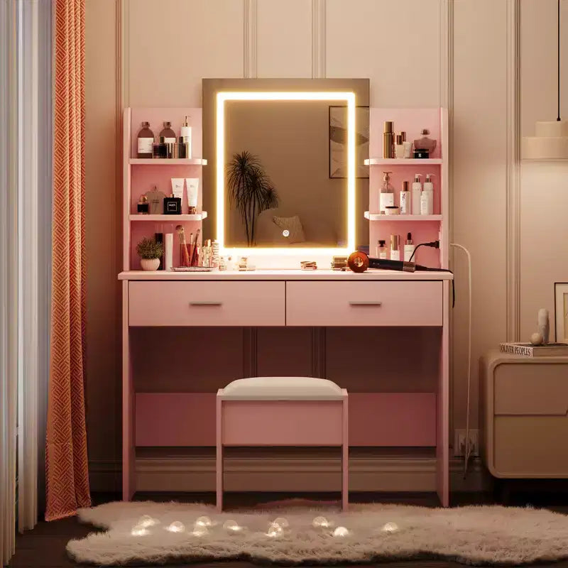Toeletta da trucco con specchio, set tavolo e sedia da trucco con 2 cassetti portaoggetti, 4 ripiani, 3 modalità di illuminazione, per soggiorno, casa