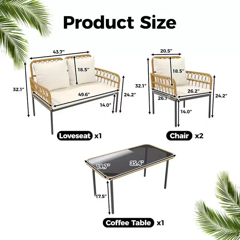 Set di mobili da giardino da 4 pezzi, set di tavolo e sedie da esterno in rattan con tavolino in vetro e divanetto, adatto per appartamenti, cortili, beige