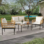 Set di mobili da giardino da 4 pezzi, set di tavolo e sedie da esterno in rattan con tavolino in vetro e divanetto, adatto per appartamenti, cortili, beige