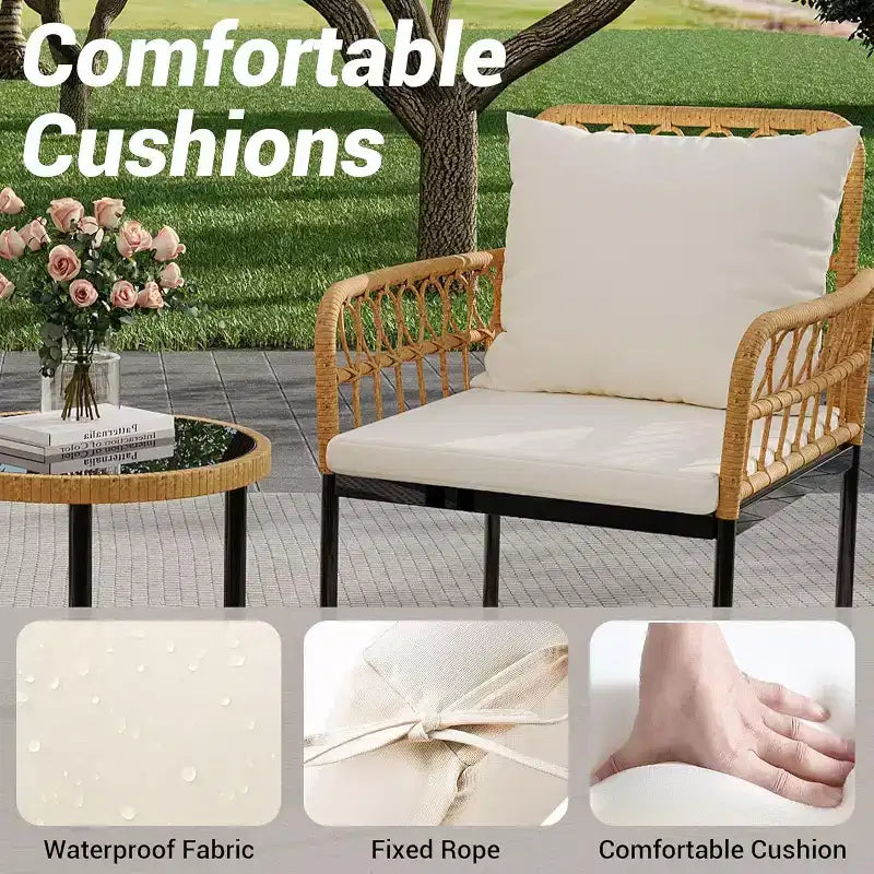 Set di mobili da giardino da 4 pezzi, set di tavolo e sedie da esterno in rattan con tavolino in vetro e divanetto, adatto per appartamenti, cortili, beige