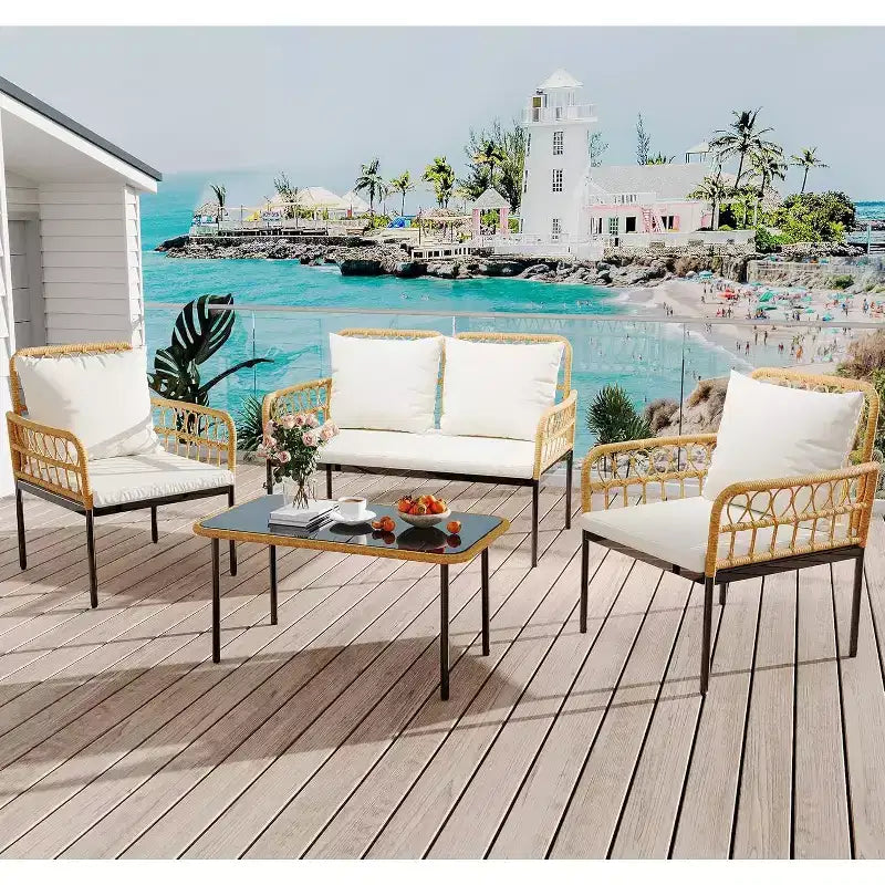 Set di mobili da giardino da 4 pezzi, set di tavolo e sedie da esterno in rattan con tavolino in vetro e divanetto, adatto per appartamenti, cortili, beige