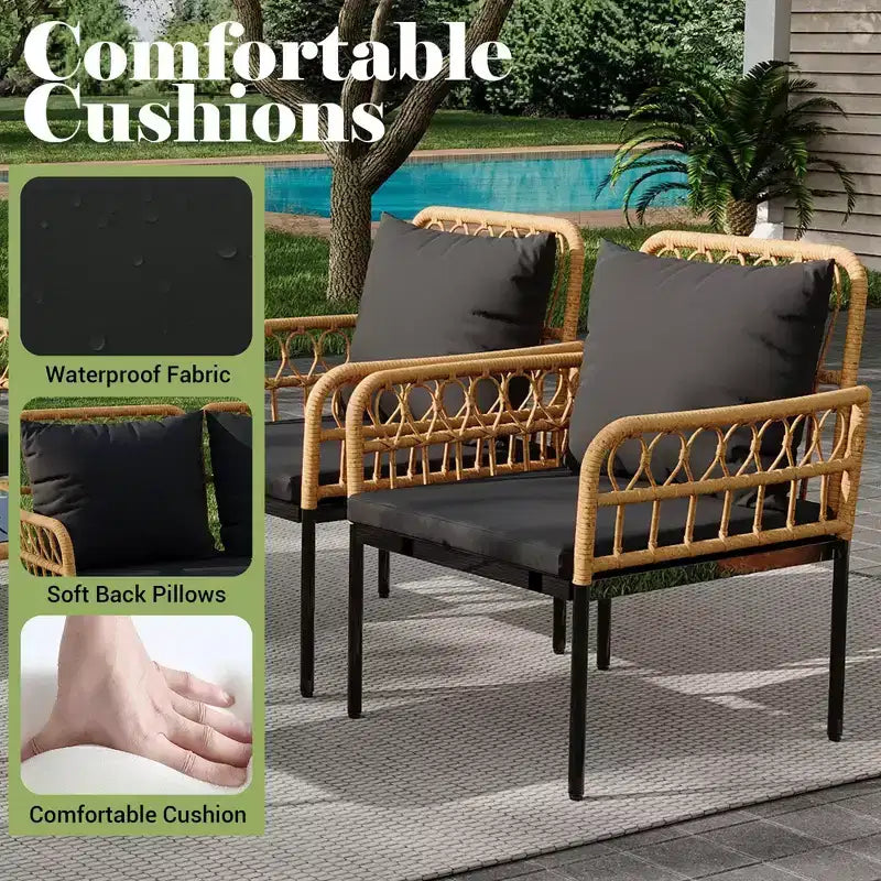 Set di mobili da giardino da 4 pezzi, set di tavolo e sedie da esterno in rattan con tavolino in vetro e divanetto, adatto per appartamenti, cortili, beige