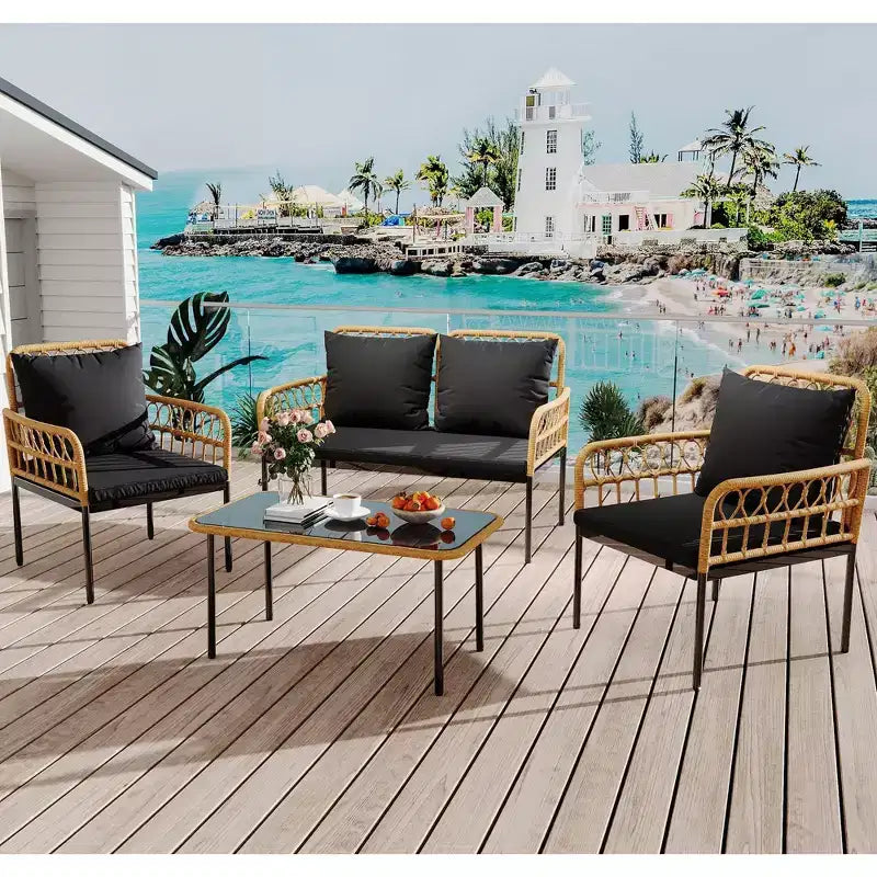 Set di mobili da giardino da 4 pezzi, set di tavolo e sedie da esterno in rattan con tavolino in vetro e divanetto, adatto per appartamenti, cortili, beige