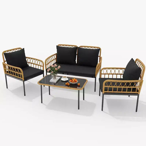 4-Piece Patio Furniture Set, Rattan Outdoor Patio Table and Chair Set with Glass Side Table and Loveseat, Suitable for Apartments, Backyards, Beige