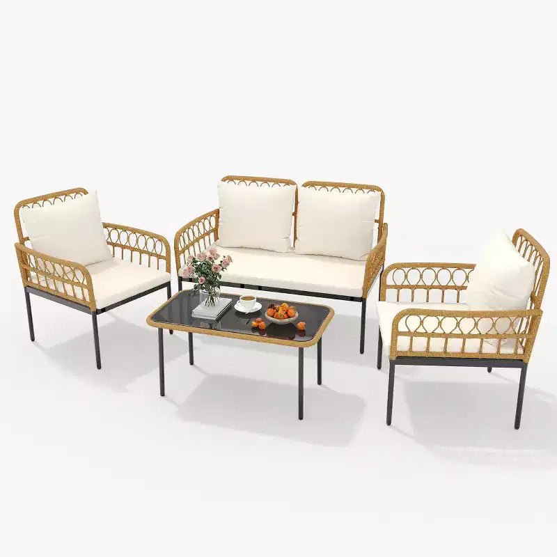 Set di mobili da giardino da 4 pezzi, set di tavolo e sedie da esterno in rattan con tavolino in vetro e divanetto, adatto per appartamenti, cortili, beige