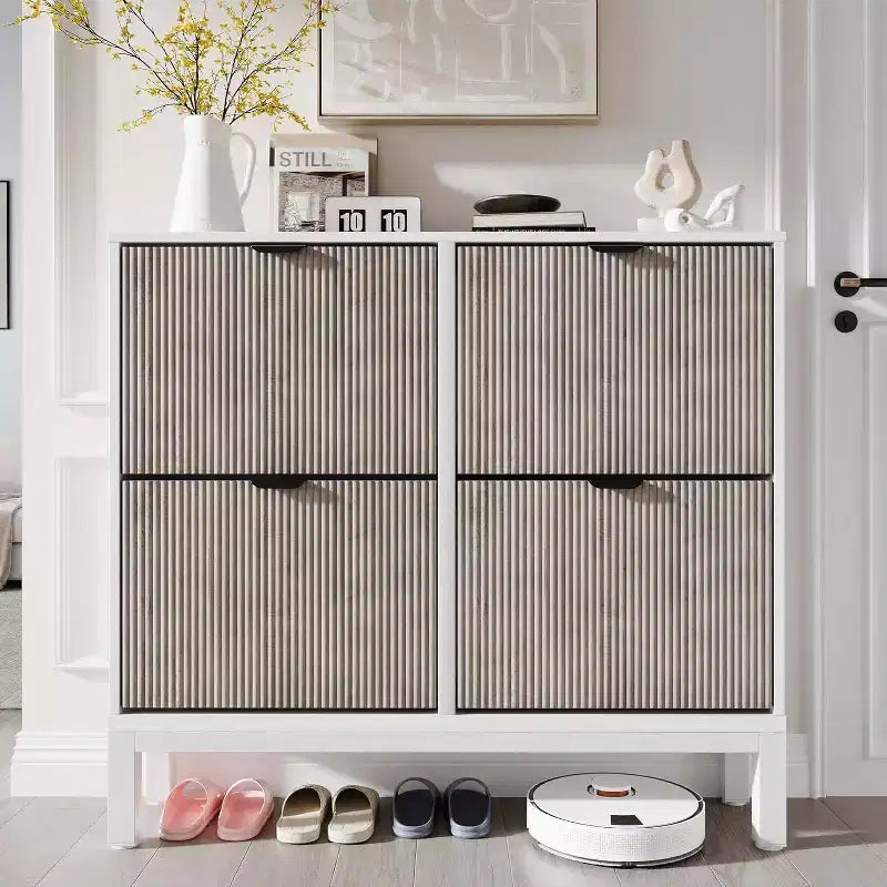 COZONY Scarpiera scanalata con cassetti a ribalta, moderno organizer stretto per l'ingresso, scarpiera autoportante in stile rustico per l'ingresso
