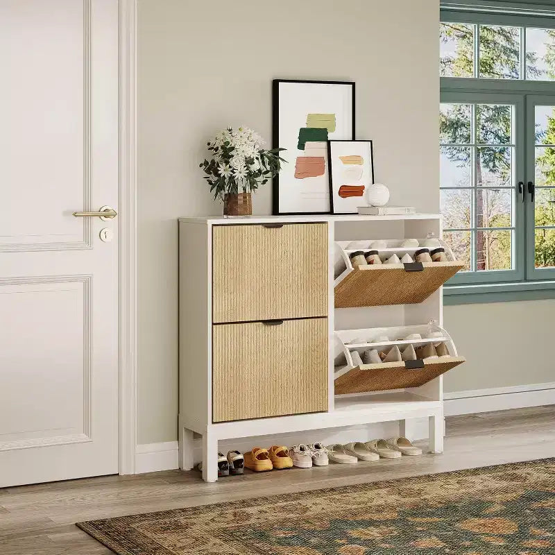 COZONY Scarpiera scanalata con cassetti a ribalta, moderno organizer stretto per l'ingresso, scarpiera autoportante in stile rustico per l'ingresso