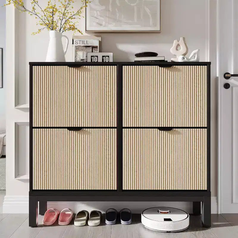 COZONY Scarpiera scanalata con cassetti a ribalta, moderno organizer stretto per l'ingresso, scarpiera autoportante in stile rustico per l'ingresso