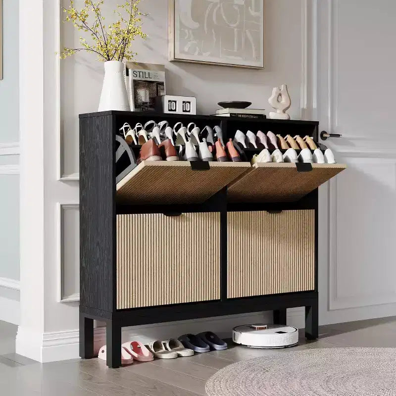 COZONY Scarpiera scanalata con cassetti a ribalta, moderno organizer stretto per l'ingresso, scarpiera autoportante in stile rustico per l'ingresso