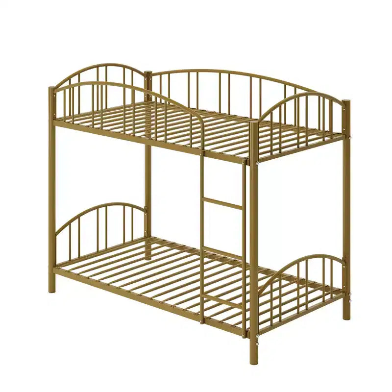 Lit superposé jumeau sur jumeau avec escaliers et garde-corps arqué, support à lattes métalliques robustes, gain de place, silencieux, pas besoin de sommier tapissier pour chambre d'enfant et dortoir