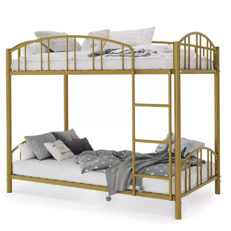 Lit superposé jumeau sur jumeau avec escaliers et garde-corps arqué, support à lattes métalliques robustes, gain de place, silencieux, pas besoin de sommier tapissier pour chambre d'enfant et dortoir