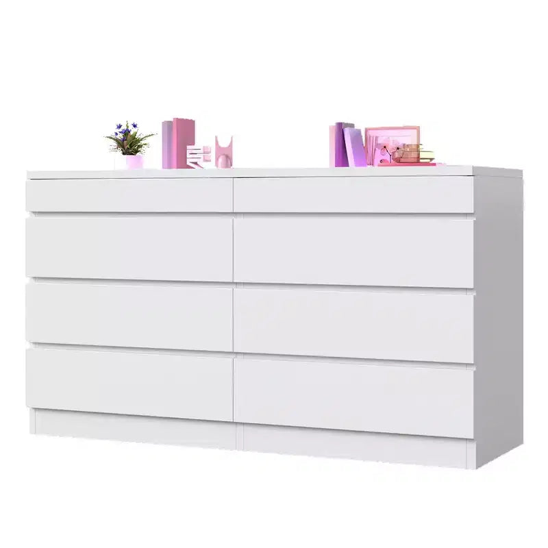 Cassettiera moderna a 8 cassetti, bianca e nera, con cassetti profondi, piano in vetro, superficie lucida, mobile contenitore per soggiorno