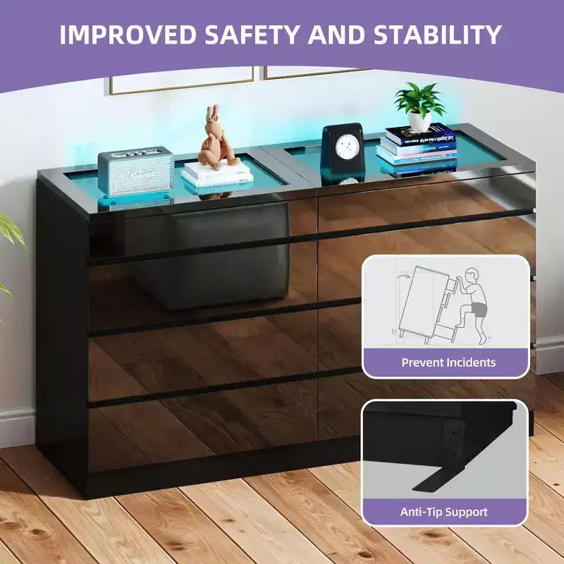Cassettiera moderna a 8 cassetti, bianca e nera, con cassetti profondi, piano in vetro, superficie lucida, mobile contenitore per soggiorno