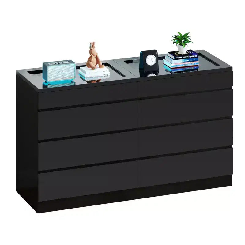 Cassettiera moderna a 8 cassetti, bianca e nera, con cassetti profondi, piano in vetro, superficie lucida, mobile contenitore per soggiorno