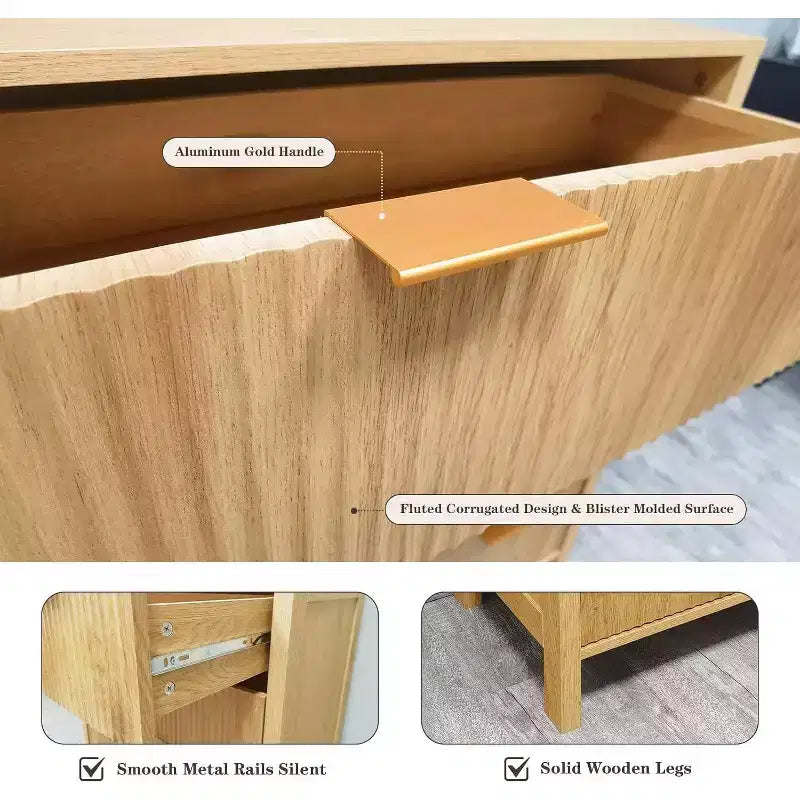 Cassettiera in legno con pannello fluted Waveform e 4 cassetti, comò moderno per camera da letto, soggiorno, cameretta e ingresso