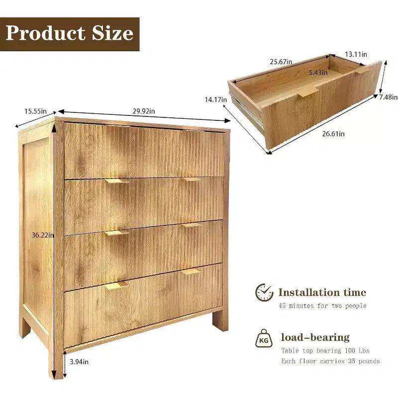 Cassettiera in legno con pannello fluted Waveform e 4 cassetti, comò moderno per camera da letto, soggiorno, cameretta e ingresso