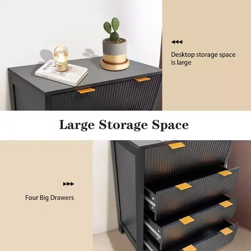Cassettiera in legno con pannello fluted Waveform e 4 cassetti, comò moderno per camera da letto, soggiorno, cameretta e ingresso