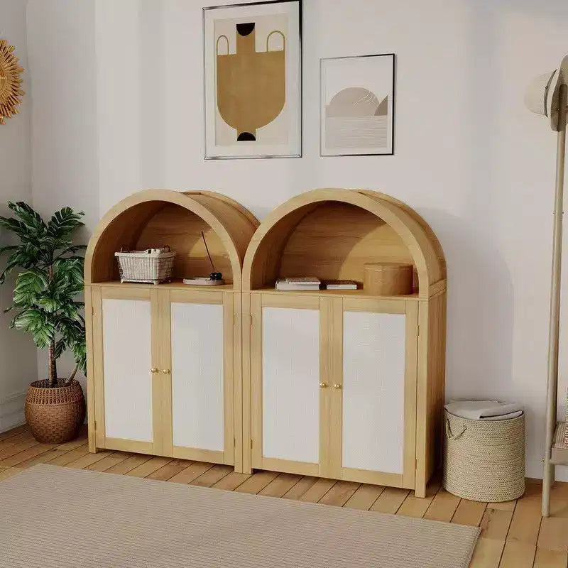Coolmee Scarpiera a 5 livelli ad arco con ante in rattan, scarpiera autoportante con ripiani regolabili per ingresso, corridoio, soggiorno