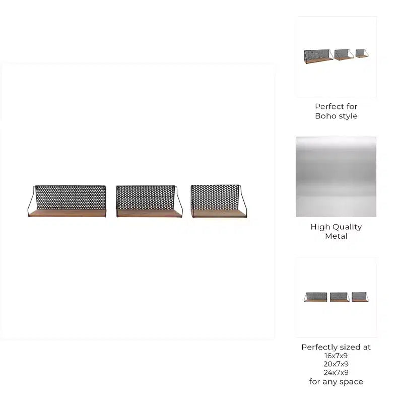 Set di 3 Scaffali da Parete – Mensole Sospese Boho in Metallo e Legno con Finitura Impiallacciata – Struttura in Ferro – Mensole Galleggianti Decorative per Casa e Ufficio