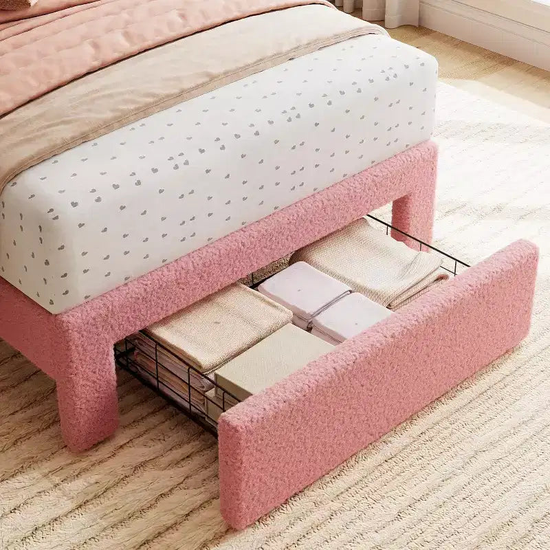 Struttura Letto Singolo in Velluto Beige con Cassetto Contenitore, Testiera, Supporto a Doghe, Senza Rete a Molle, Silenzioso, Facile da Montare