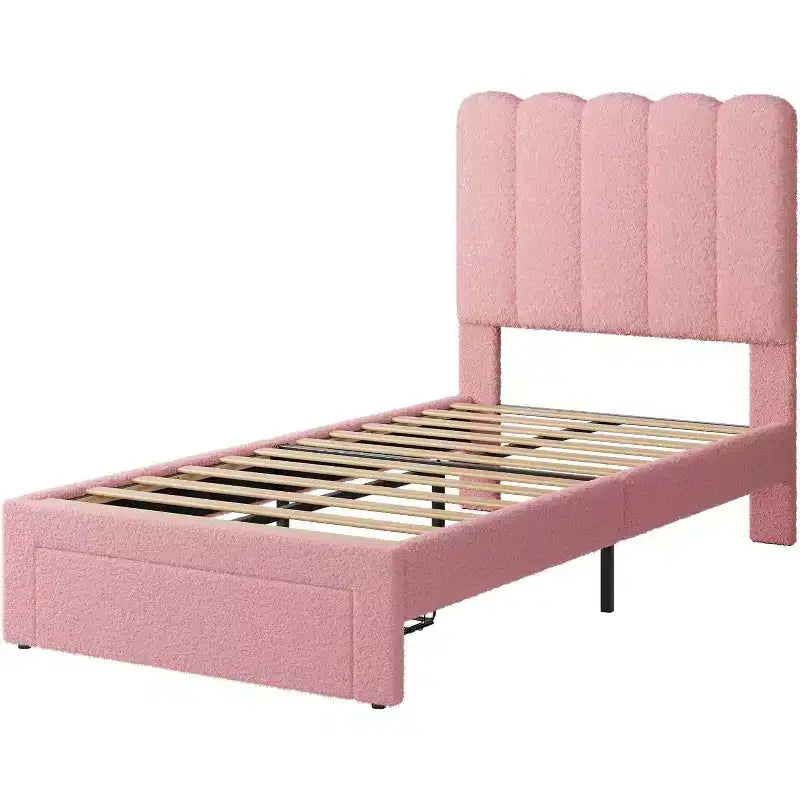 Struttura Letto Singolo in Velluto Beige con Cassetto Contenitore, Testiera, Supporto a Doghe, Senza Rete a Molle, Silenzioso, Facile da Montare