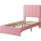 Struttura Letto Singolo in Velluto Beige con Cassetto Contenitore, Testiera, Supporto a Doghe, Senza Rete a Molle, Silenzioso, Facile da Montare