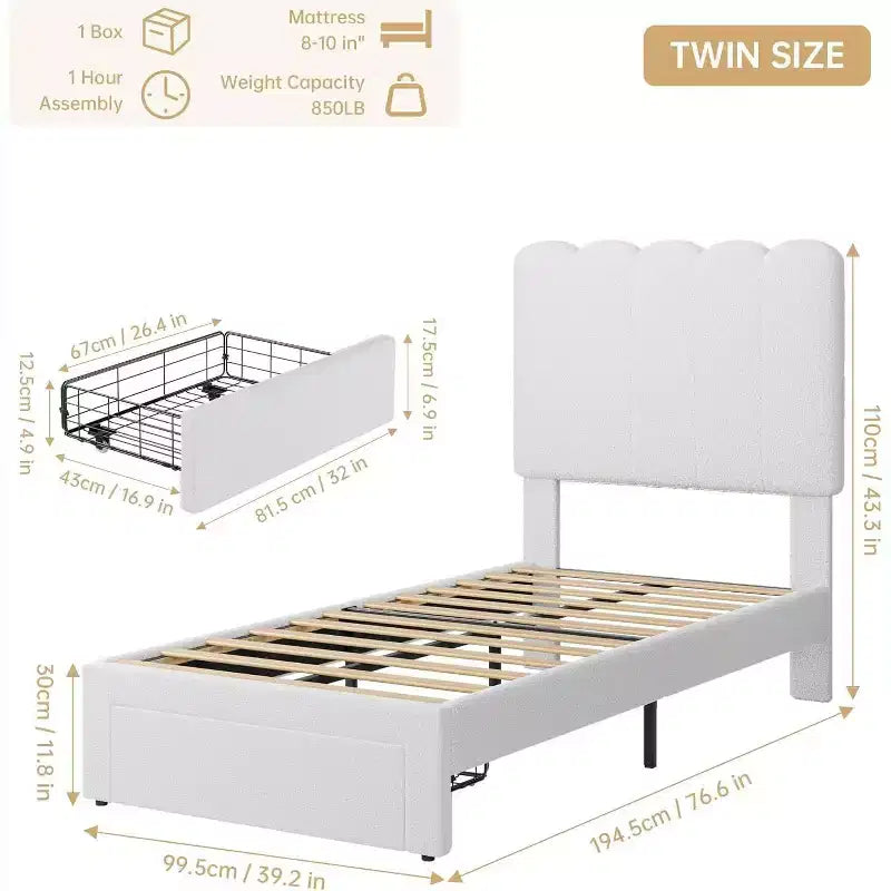 Struttura Letto Singolo in Velluto Beige con Cassetto Contenitore, Testiera, Supporto a Doghe, Senza Rete a Molle, Silenzioso, Facile da Montare