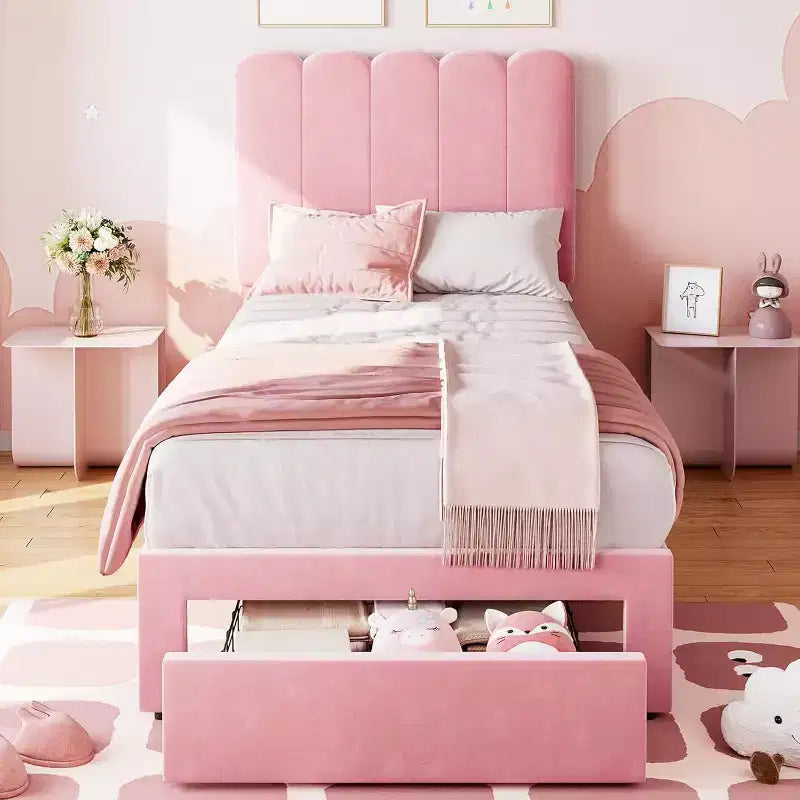 Struttura Letto Singolo in Velluto Beige con Cassetto Contenitore, Testiera, Supporto a Doghe, Senza Rete a Molle, Silenzioso, Facile da Montare