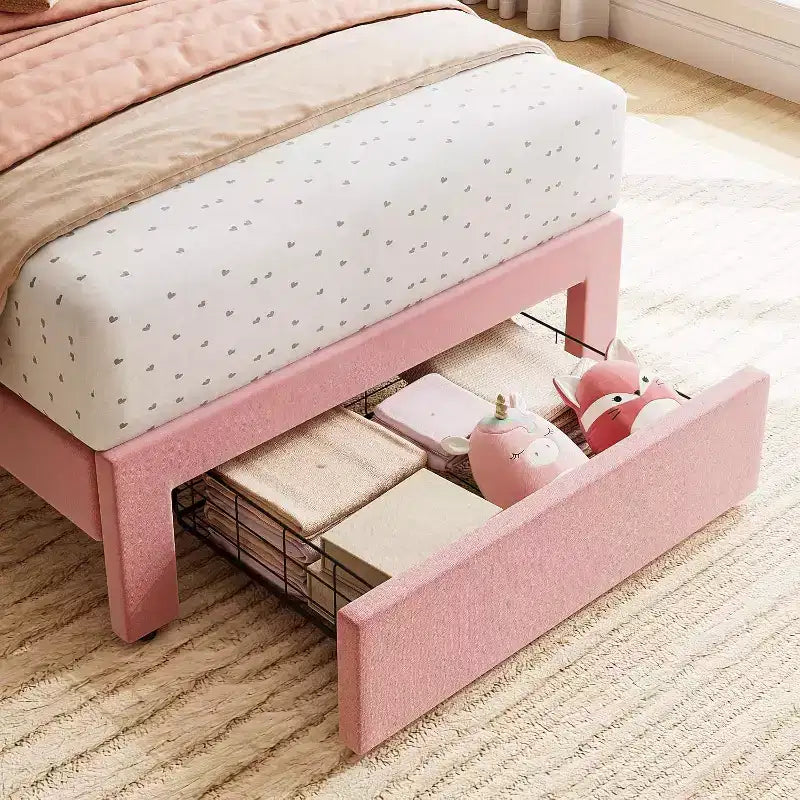 Struttura Letto Singolo in Velluto Beige con Cassetto Contenitore, Testiera, Supporto a Doghe, Senza Rete a Molle, Silenzioso, Facile da Montare