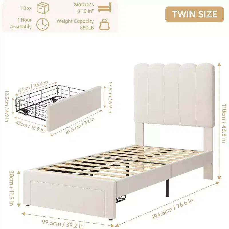 Struttura Letto Singolo in Velluto Beige con Cassetto Contenitore, Testiera, Supporto a Doghe, Senza Rete a Molle, Silenzioso, Facile da Montare