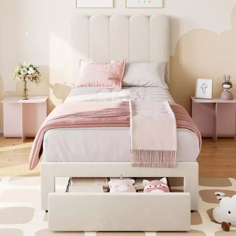Struttura Letto Singolo in Velluto Beige con Cassetto Contenitore, Testiera, Supporto a Doghe, Senza Rete a Molle, Silenzioso, Facile da Montare