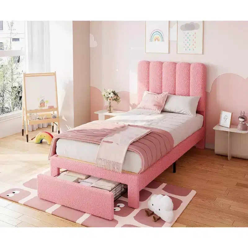 Struttura Letto Singolo in Velluto Beige con Cassetto Contenitore, Testiera, Supporto a Doghe, Senza Rete a Molle, Silenzioso, Facile da Montare