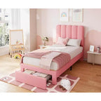 Struttura Letto Singolo in Velluto Beige con Cassetto Contenitore, Testiera, Supporto a Doghe, Senza Rete a Molle, Silenzioso, Facile da Montare