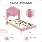 Telaio letto singolo in velluto rosa con testiera a libreria, funzione luce, contenitore, senza rete a molle, facile montaggio