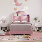 Telaio letto singolo in velluto rosa con testiera a libreria, funzione luce, contenitore, senza rete a molle, facile montaggio