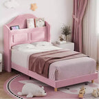 Telaio letto singolo in velluto rosa con testiera a libreria, funzione luce, contenitore, senza rete a molle, facile montaggio