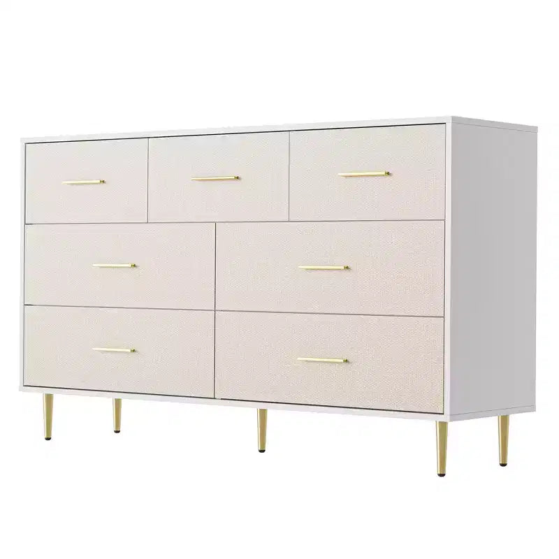 COZONY Cassettiera a 7 cassetti con maniglie dorate, mobile moderno in legno con gambe in metallo, organizer bianco per camera da letto, soggiorno, corridoio