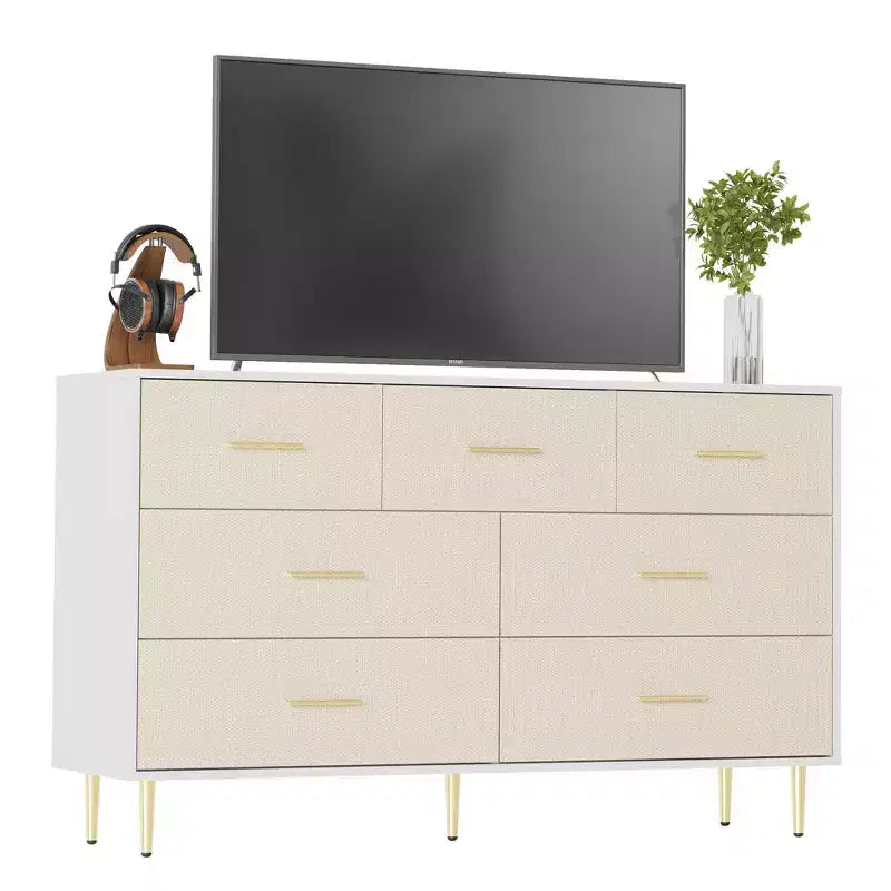 COZONY Cassettiera a 7 cassetti con maniglie dorate, mobile moderno in legno con gambe in metallo, organizer bianco per camera da letto, soggiorno, corridoio