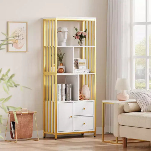 62 Gold Bookshelf with Metal Frame, 3 Drawers & Door, 4-Tier White Gold Bookcase for Office Living Room