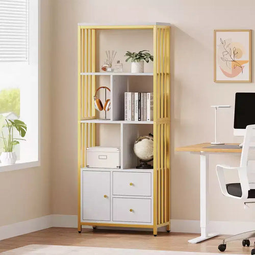 Étagère dorée de 157 cm avec cadre en métal, 3 tiroirs et une porte, bibliothèque blanche et dorée à 4 niveaux pour bureau ou salon