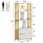 Libreria da 62 pollici dorata con struttura in metallo, 3 cassetti e anta, scaffale a 4 ripiani bianco dorato per ufficio e soggiorno