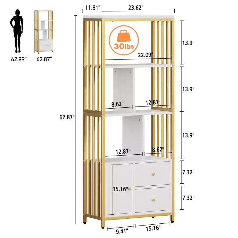 Libreria da 62 pollici dorata con struttura in metallo, 3 cassetti e anta, scaffale a 4 ripiani bianco dorato per ufficio e soggiorno