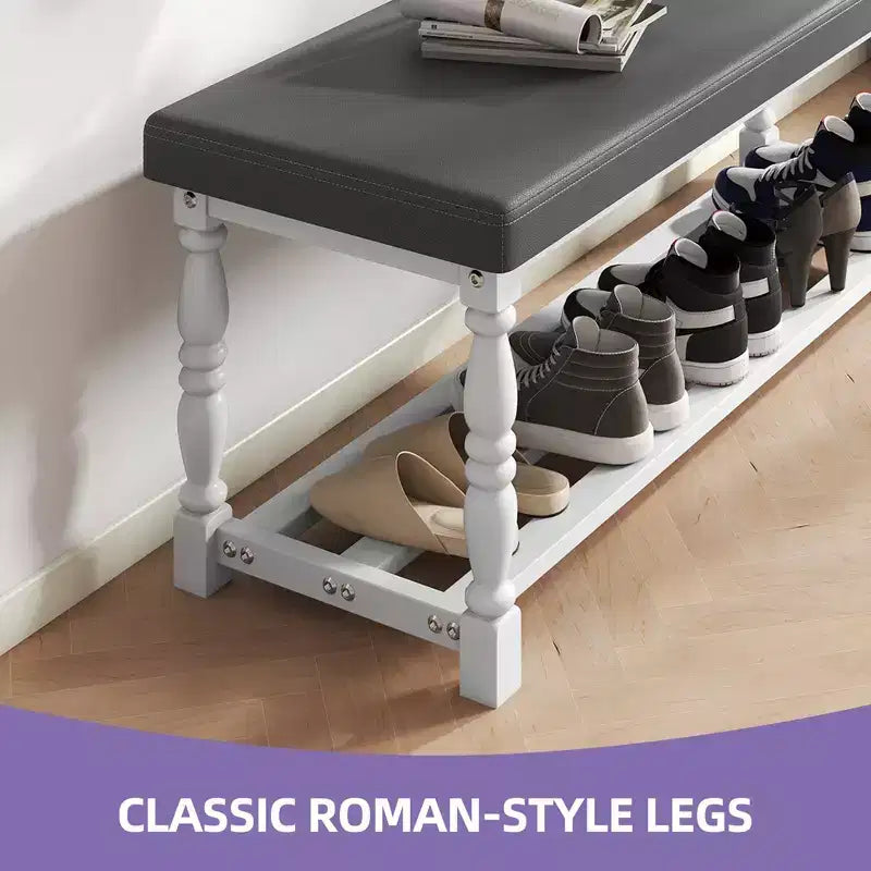 Panchina scarpiera da ingresso con seduta imbottita e contenitore per 5-6 paia di scarpe, scarpiera con gambe in stile romano