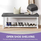 Panchina scarpiera da ingresso con seduta imbottita e contenitore per 5-6 paia di scarpe, scarpiera con gambe in stile romano
