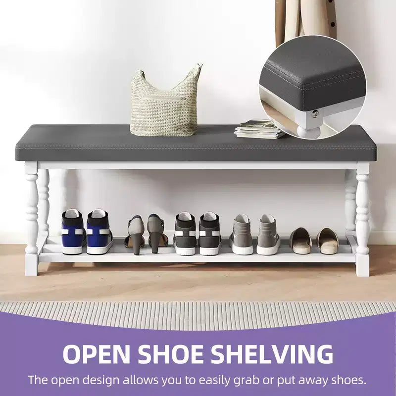 Panchina scarpiera da ingresso con seduta imbottita e contenitore per 5-6 paia di scarpe, scarpiera con gambe in stile romano